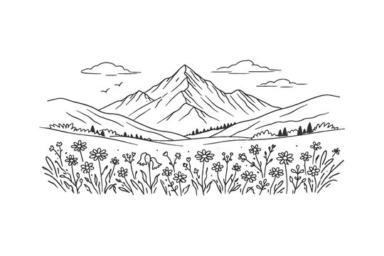 Beautiful spring meadow mountain landscape vector illustration in simple line art style featuring wild flowers in a field with a distant mountain peak.