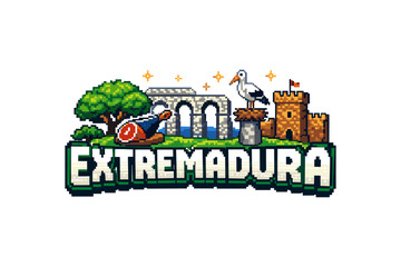 Naklejka premium Pixel art landscape of extremadura with landmarks and nature elements
