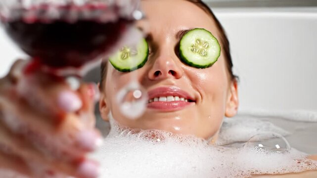 A happy woman lies in a bubble bath with cucumber slices on her eyes holding a glass of red wine. Concept of self love and relaxation during anti valentine day. Perfect for lifestyle content.