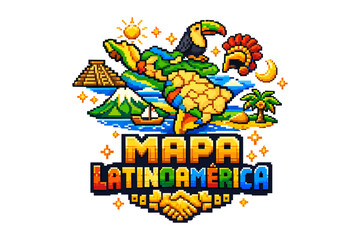 Fototapeta premium Pixel art map of latin america with iconic landmarks and wildlife