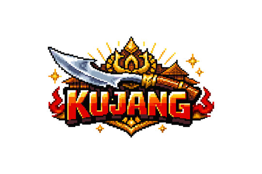 Colorful pixel art kujang knife with traditional decorative elements and text
