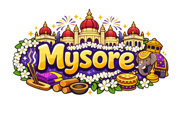 Fototapeta premium Vibrant mysore carnival design with icons and text surrounded by flowers and fireworks