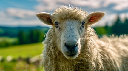Obraz premium A close-up portrait of a fluffy, white sheep looking directly at the camera.