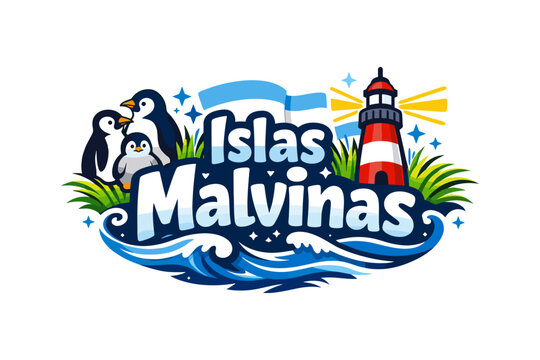 Colorful penguins and lighthouse with islas malvinas flag design