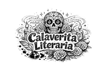 Obraz premium Calaverita literaria: intricate skull design celebrating mexican culture with candles and flowers