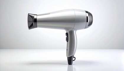 Fototapeta premium Modern silver hair dryer with multiple heat and speed settings, a professional hairdressing tool for styling and beauty care, isolated on a clean, reflective white background in a studio shot.