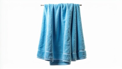 Soft and fluffy blue terry cloth bath towel hanging on a chrome rack. Clean textile object for bathroom, spa, or home hygiene, isolated on a clean, crisp white background. Detailed texture.