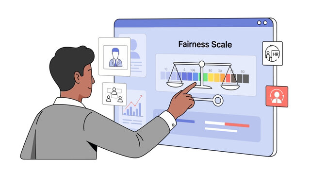 Man analyzing fairness scale on digital screen with interactive graphs and user icons visible