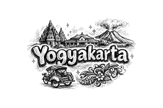 Hand-drawn yogyakarta landmarks featuring prambanan temple and merapi volcano