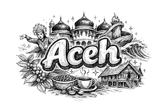 Aceh cultural landmarks: iconic heritage with traditional architecture and coffee culture in black and white artwork