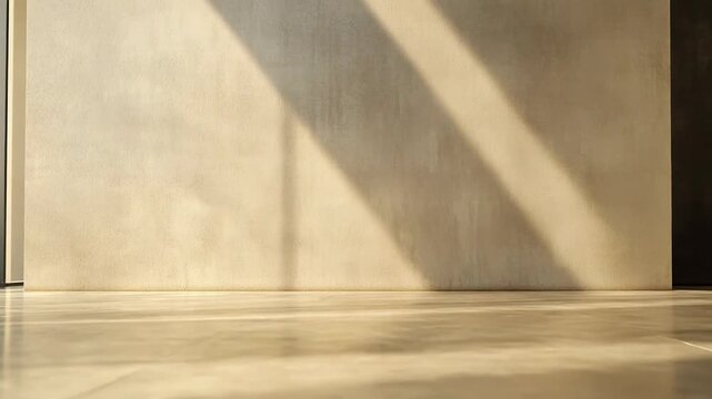 Minimalistic indoor space with sunlight casting dramatic shadows on an empty textured wall and shiny marble floor, presenting an ideal background for product display or creative design