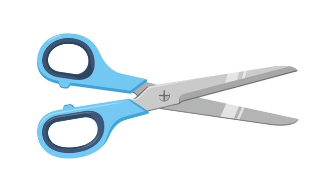 A cheerful blue-handled pair of scissors with gleaming silver blades, poised for various cutting and crafting endeavors on a clean white background,