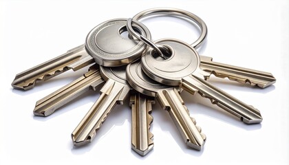 Set of metal house keys on a keychain, representing security, access, and real estate. Close-up shot of several keys for a door lock, isolated on a clean white background with reflection.
