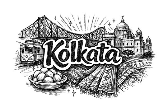 Kolkata landmarks: howrah bridge, victoria memorial, and traditional culture sketch