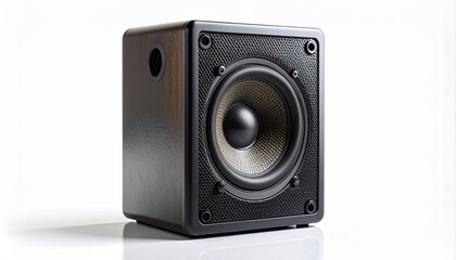 Obraz premium Professional studio monitor or bookshelf speaker with a dark wood grain finish and textured front, featuring a prominent woofer cone. High-fidelity audio equipment isolated on a white background