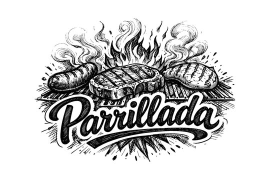 Grilled barbecue delight with flames and parrillada text in hand drawn style