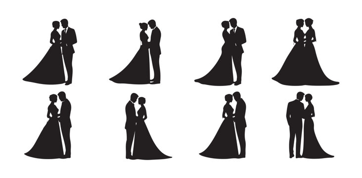 Wedding cake topper silhouettes featuring various romantic couple poses for celebration