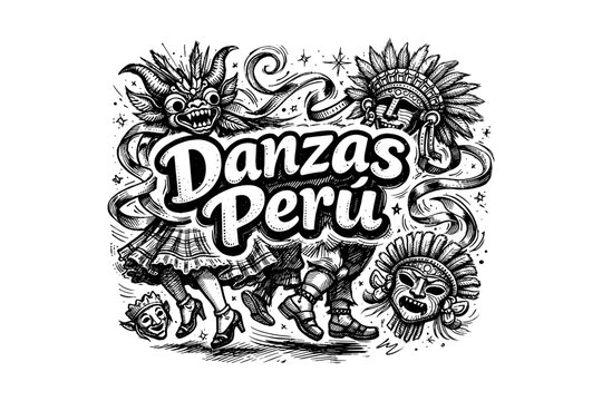 Traditional peruvian dance with intricate hand drawn details