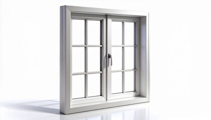Obraz premium Modern white plastic casement window with double glass panes and muntin bars, shown at a perspective angle. Architectural element for residential homes, isolated on a clean white background. 3D render