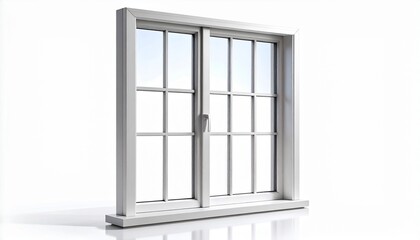 Obraz premium Modern white sliding window with multiple glass panes and a sleek frame. Architectural element isolated on a clean white background, ideal for design, real estate and home construction concepts.