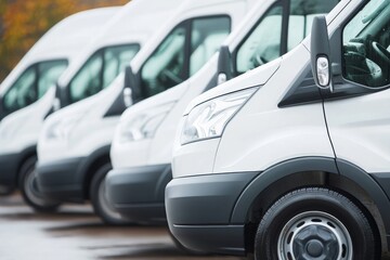 Delivery vans lined up in a parking area for a transport service company during a cloudy day