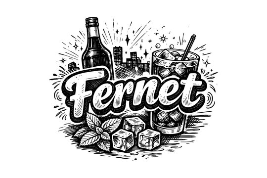 Vintage fernet design with beverage, ice cubes, bottle, and cityscape