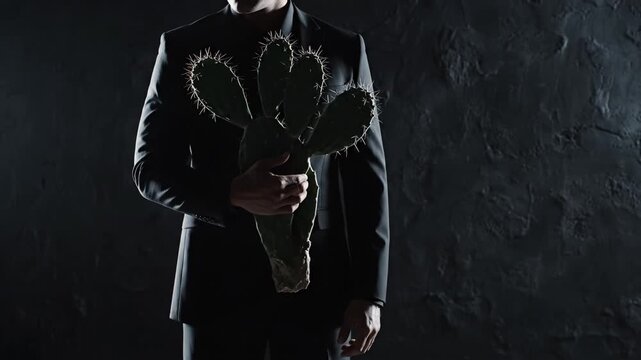 A man wearing a black suit holds a prickly cactus against a dark background. This image represents a painful relationship. Ideal for Valentine Day rejection or toxic love concepts.