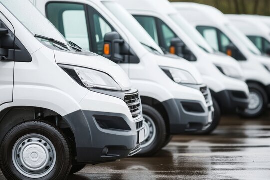 Delivery vans parked in a row at a transport company location during daytime activities
