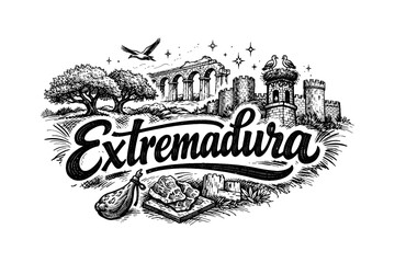 Obraz premium Extremadura heritage: black and white hand drawn design with iconic landmarks and nature
