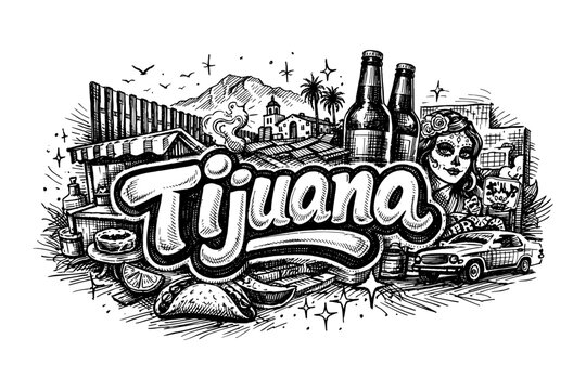 Tijuana landmarks and culture in detailed black and white doodle art