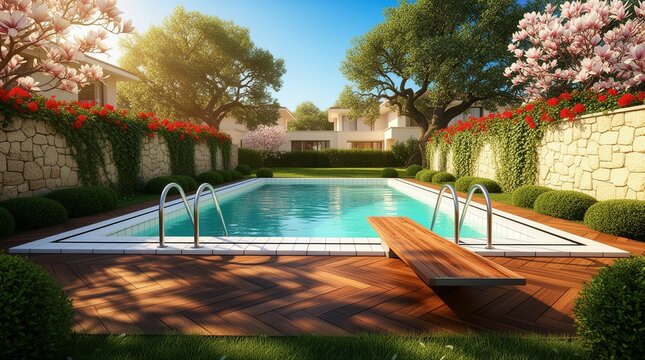 A serene backyard featuring a rectangular swimming pool surrounded by lush greenery and blooming trees under a clear blue sky.