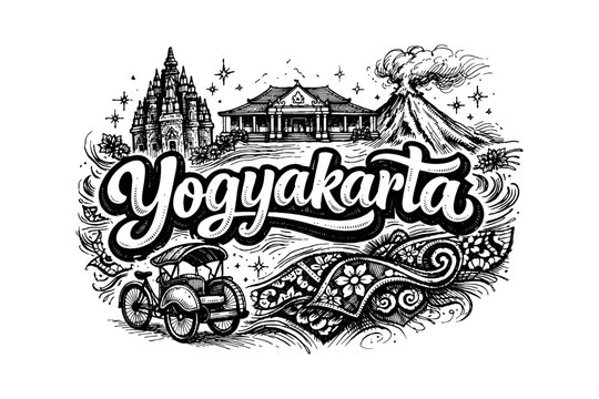 Yogyakarta landmarks in detailed black and white sketch art