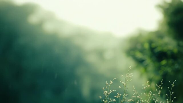 Lush green grass and wild plants glistening in soft rain and morning light, creating a tranquil, dewy meadow scene with gentle bokeh and a fresh, serene atmosphere