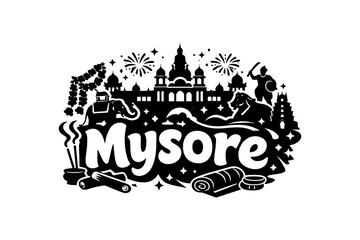 Fototapeta premium Mysore landmarks and cultural icons in black and white silhouette design
