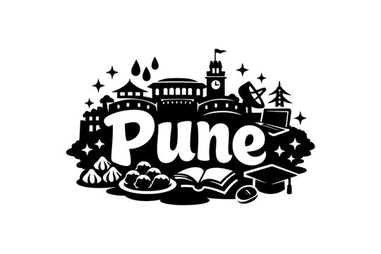 Pune city skyline silhouette with iconic landmarks and cultural symbols