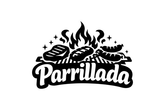 Parrillada grill bbq logo with meat and sausages in black and white silhouette design