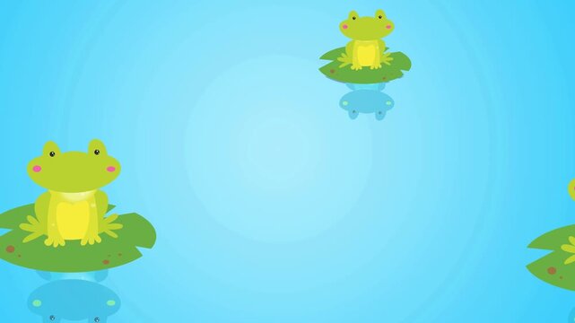 Cute cartoon frogs on lily pads floating on blue water background