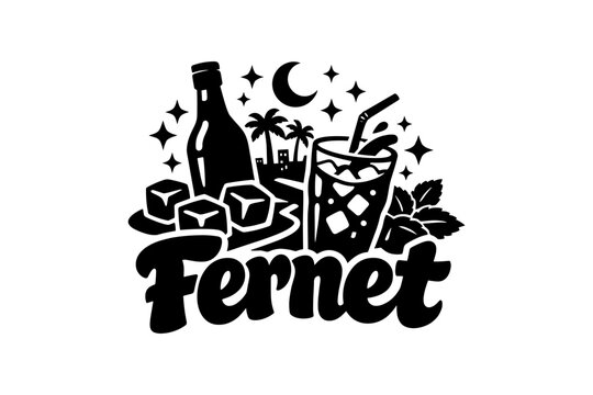 Fernet drink silhouette with ice, mint, and tropical landscape in black and white