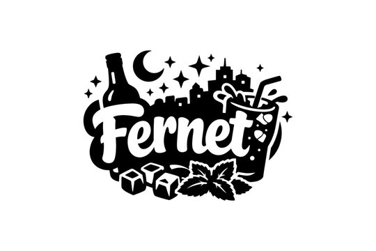 Fernet nightlife silhouette with cityscape, bottle, and cocktail icons
