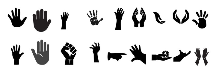 Obraz premium A collection of various black hand silhouette icons representing different gestures and movements