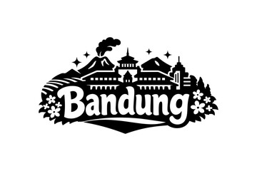 Fototapeta premium Bandung cityscape silhouette featuring mountains and landmarks in black and white