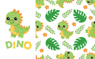 Printable set for children's items. Cute vector print featuring a cute dinosaur and stars, leaves, and flowers. Seamless vector pattern.