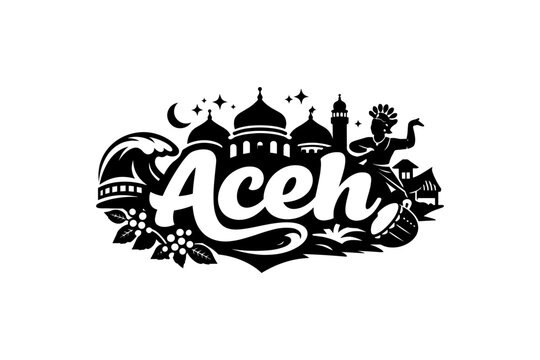 Aceh cultural icons: traditional dance and architecture silhouette design