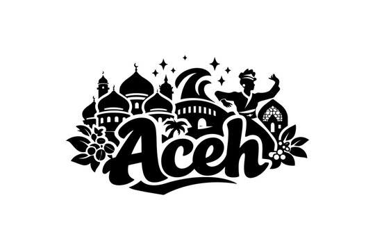 Aceh silhouette design with cultural icons and traditional dance elements