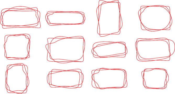 Collection of hand-drawn red frames and borders on a clean white background, perfect for design elements and creative projects.