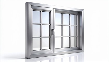 Realistic 3D render of a modern double sliding window with a metallic aluminum or steel frame and grid panes, architectural element for home or office isolated on a clean white background.