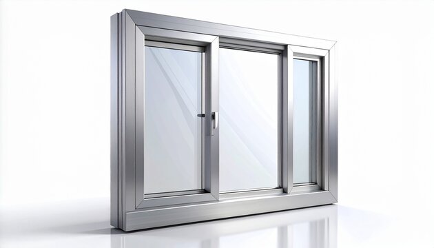 A modern three-panel sliding aluminum window with a metallic silver frame and clear glass, shown from a perspective angle on a reflective surface, isolated on a clean white background.