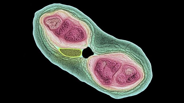 High contrast electron microscopy illustrating bacterial septum formation and nucleoid duplication