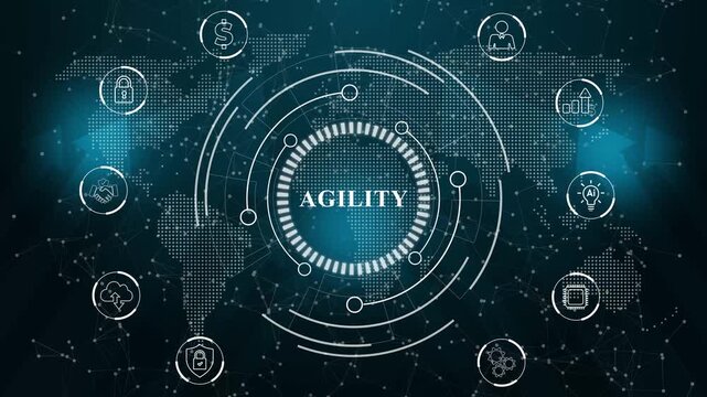 A Agility concept button on a futuristic ,beautiful abstract wave technology background,Abstract technology data connection symbols on a deep cyan color background.