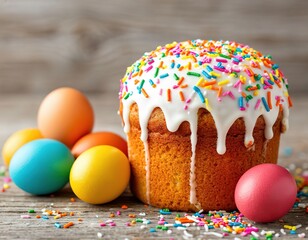 Easter cake with white icing and colored sprinkles. Orthodox Easter food